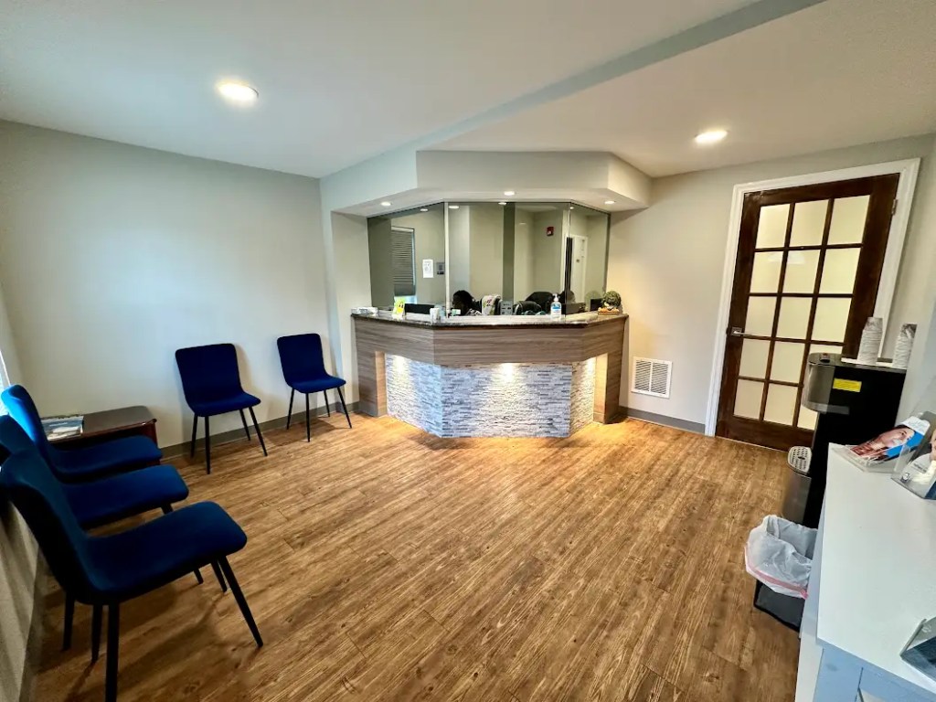 Inside seating area and front desk